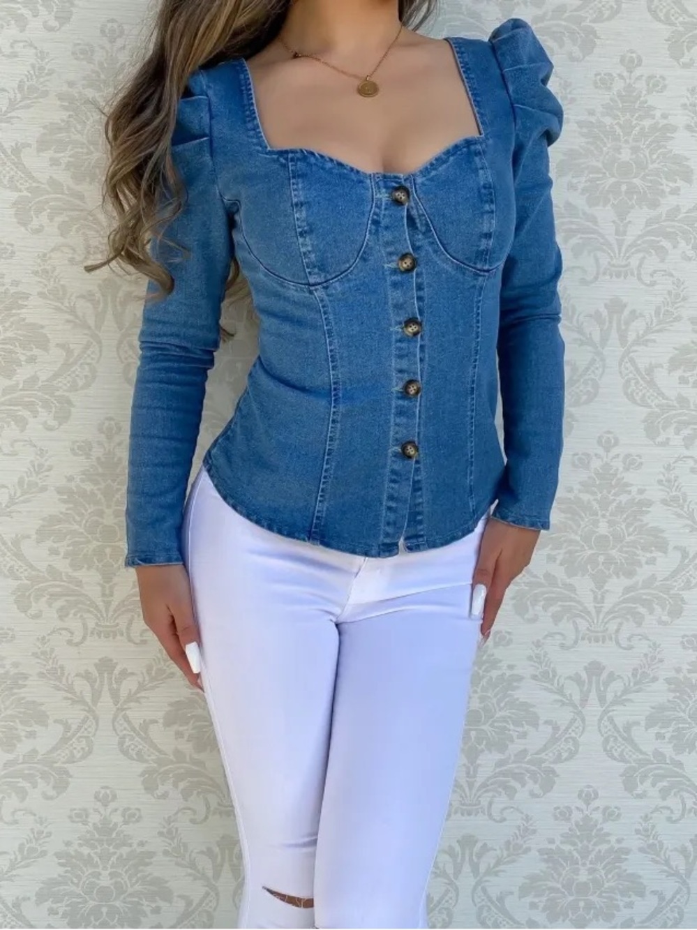 SHEIN Light Blue Denim Button-Front Puff Sleeve Top - Picture 5 of 10